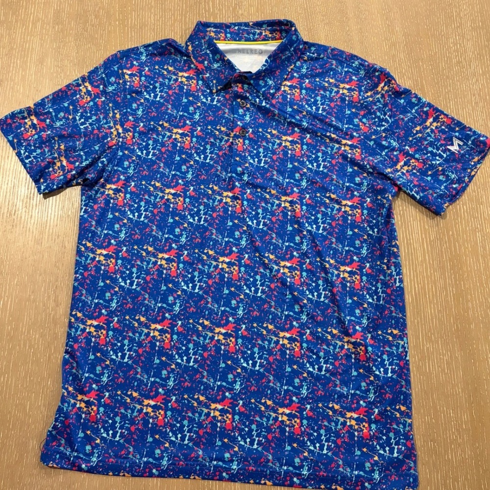 MAELREG Men's Medium Blue Multicolor Splatter Performance Golf Polo Shirt